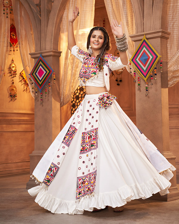 White Color Viscose Rayon Frill And Real Mirror Work Navratri Lehenga Choli