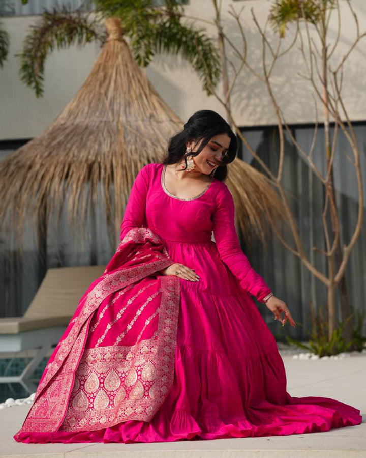 Rani Pink Color Roman Chanderi Silk Ruffle Style Anarkali Suit
