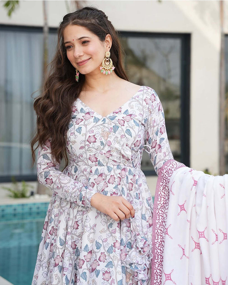 White Color Printed Soft Cotton Three Piece Anarkali Suit