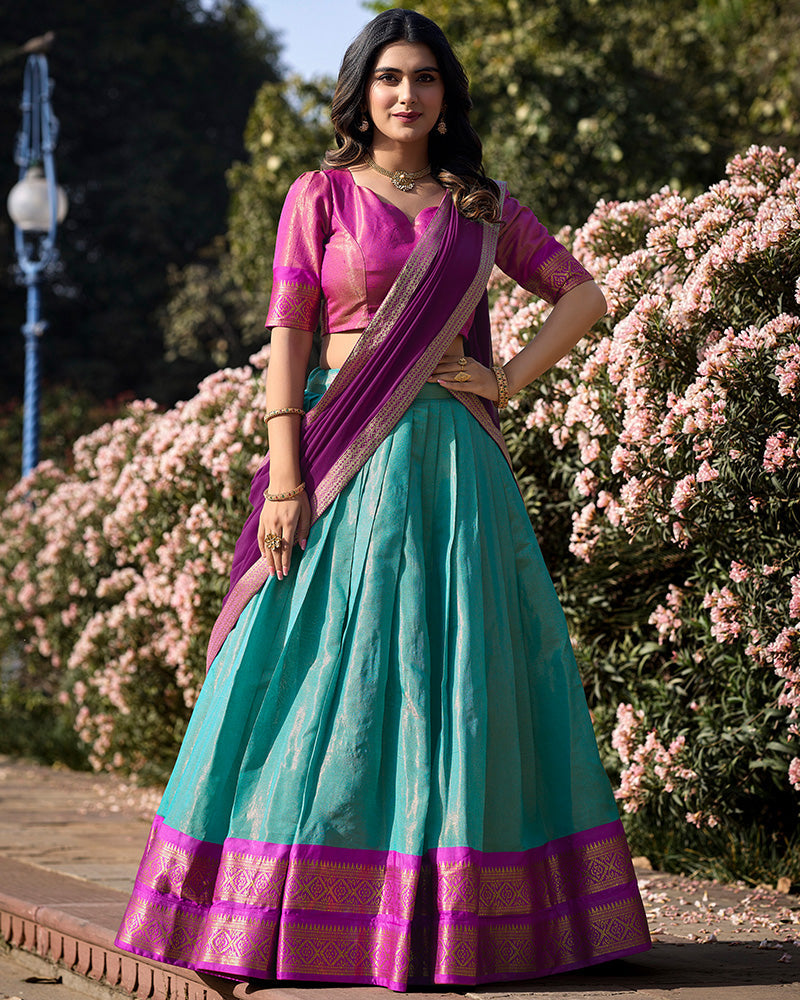 Sky Blue Color Kanchipuram Silk Designer Half Saree