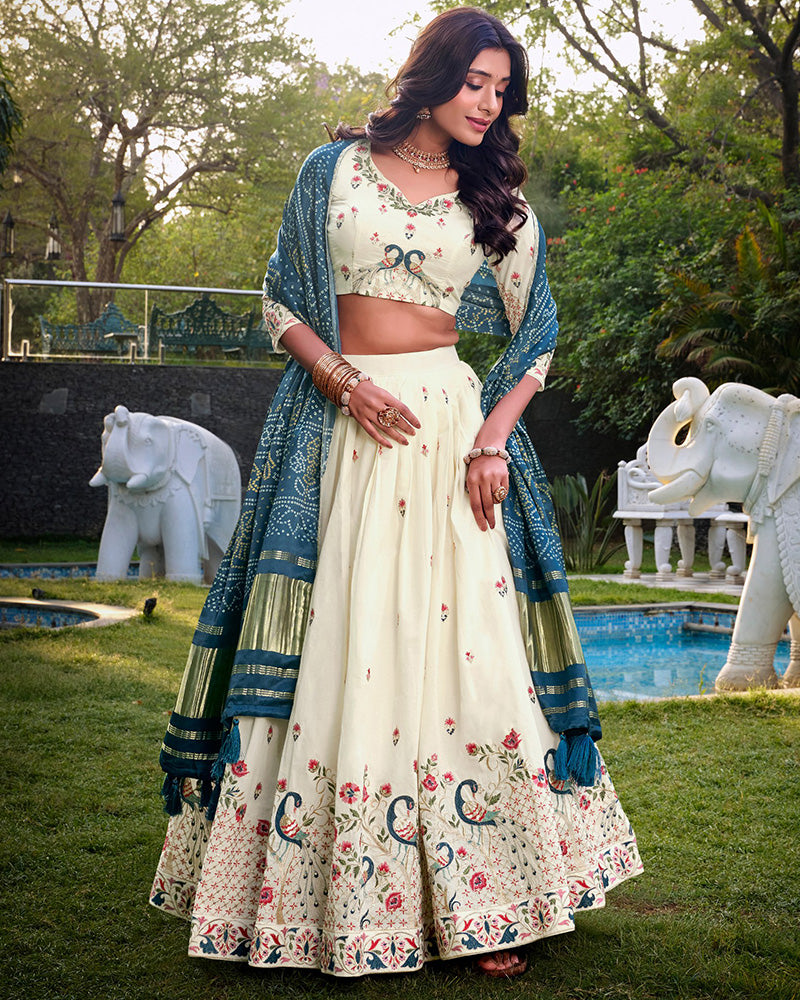 Peacock Design Off-White Color Khadi Cotton Embroidered Lehenga Choli
