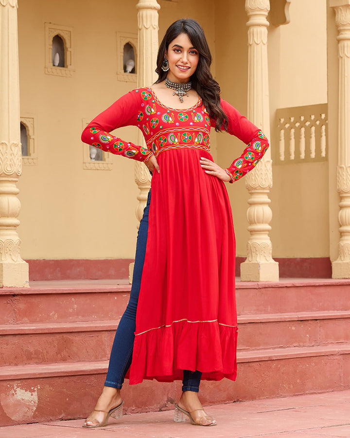 Vibrant Red Flared Rayon Kurti With Gamthi Work