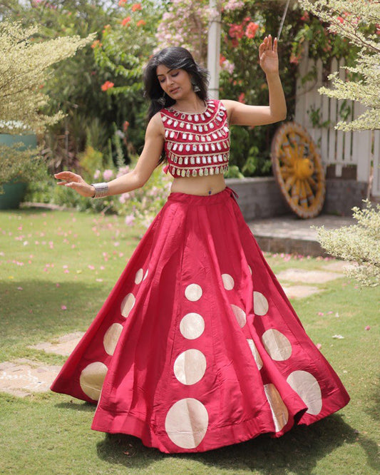 Traditional Maroon Roman Silk Navratri Wear Lehenga Choli