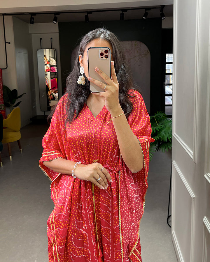 Red Color Digital Print Gaji Silk Kaftan