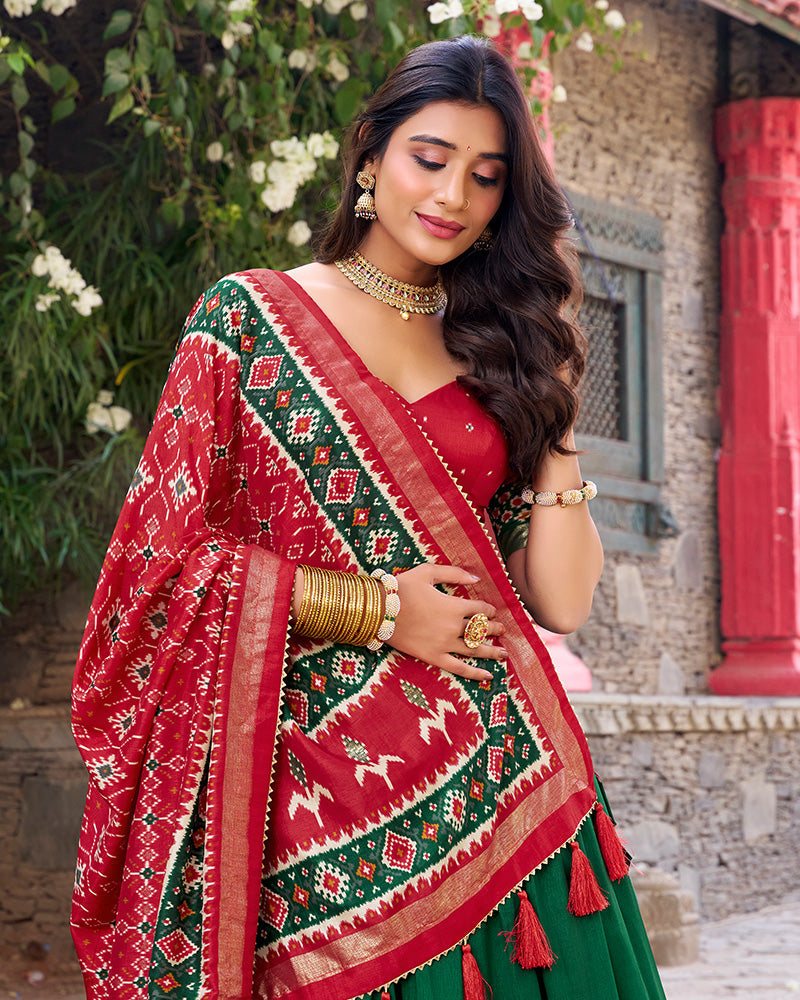 Designer Patola Printed Green Color Tussar Silk Lehenga Choli