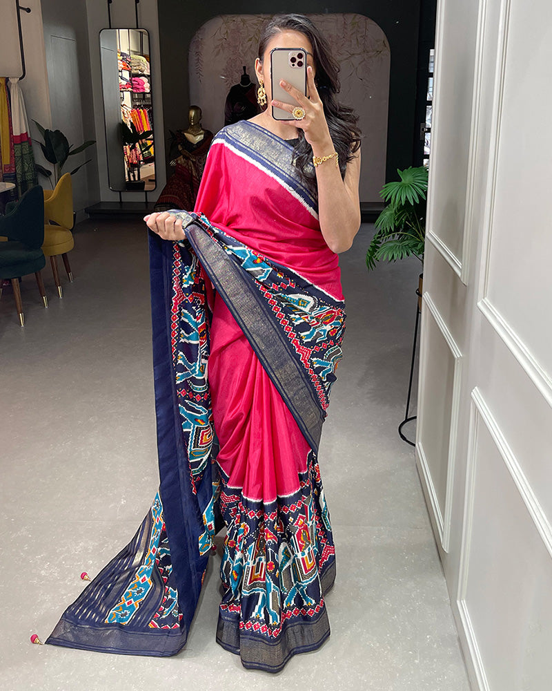 Pink Color Patola Print With Foil Work Dola Silk Saree