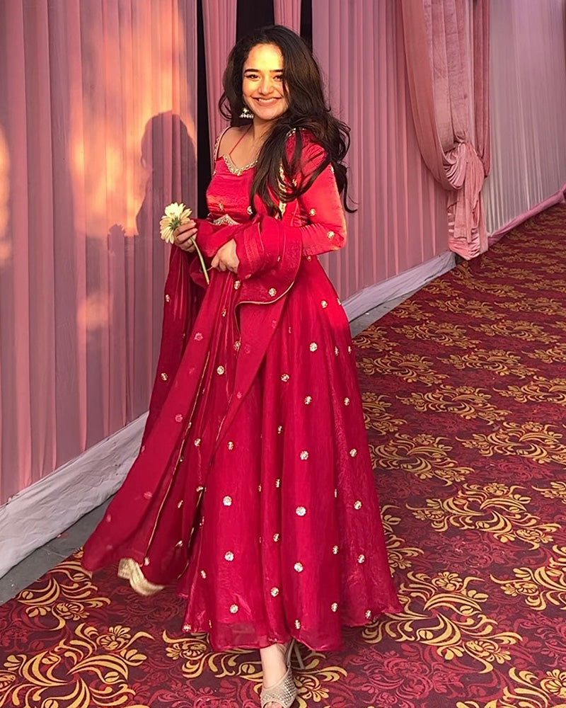 Red Color Fendi Silk Sequence Embroidered Anarkali Suit