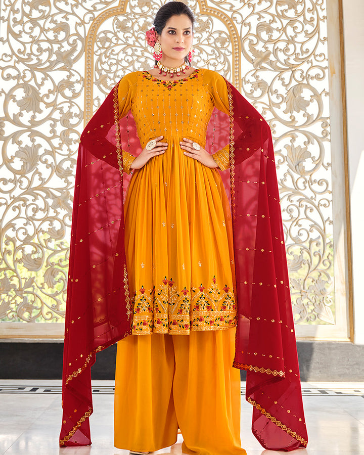 Embriodered Mustard Yellow Color Georgette Three Piece Palazzo Suit