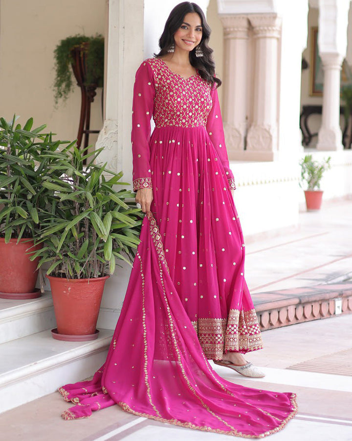 Hot Pink Color Georgette Embroidered Designer Gown