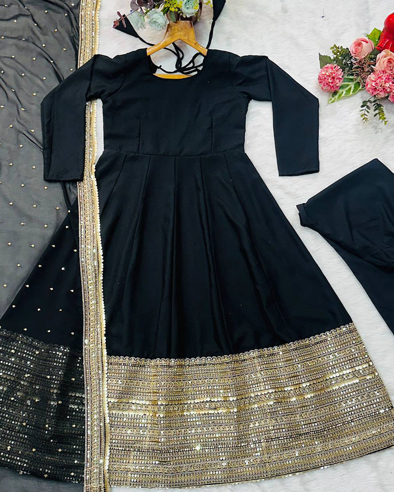Black Color Rayon Embroidered Three Piece Anarkali Suit