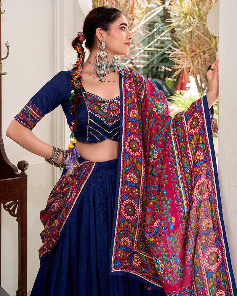 Navy Blue Color Tasar Silk Gamthi Printed Navratri Lehenga Choli