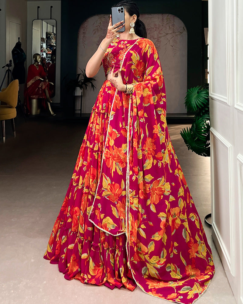 Pink Color Marble Floral Printed Lehenga Choli