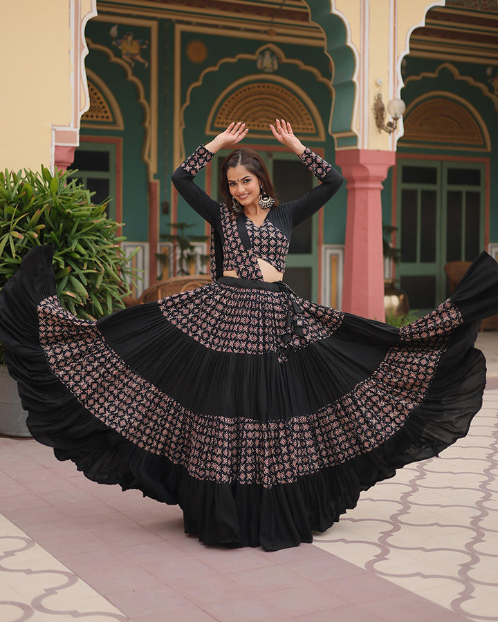 Navratri Wear Black Color Rayon Printed Lehenga Choli