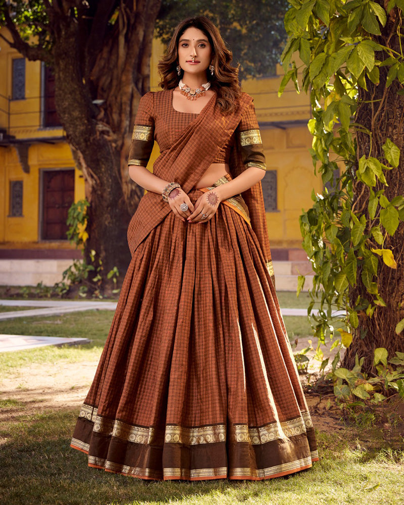 Rust Orange Color Chettinad Cotton Half Saree