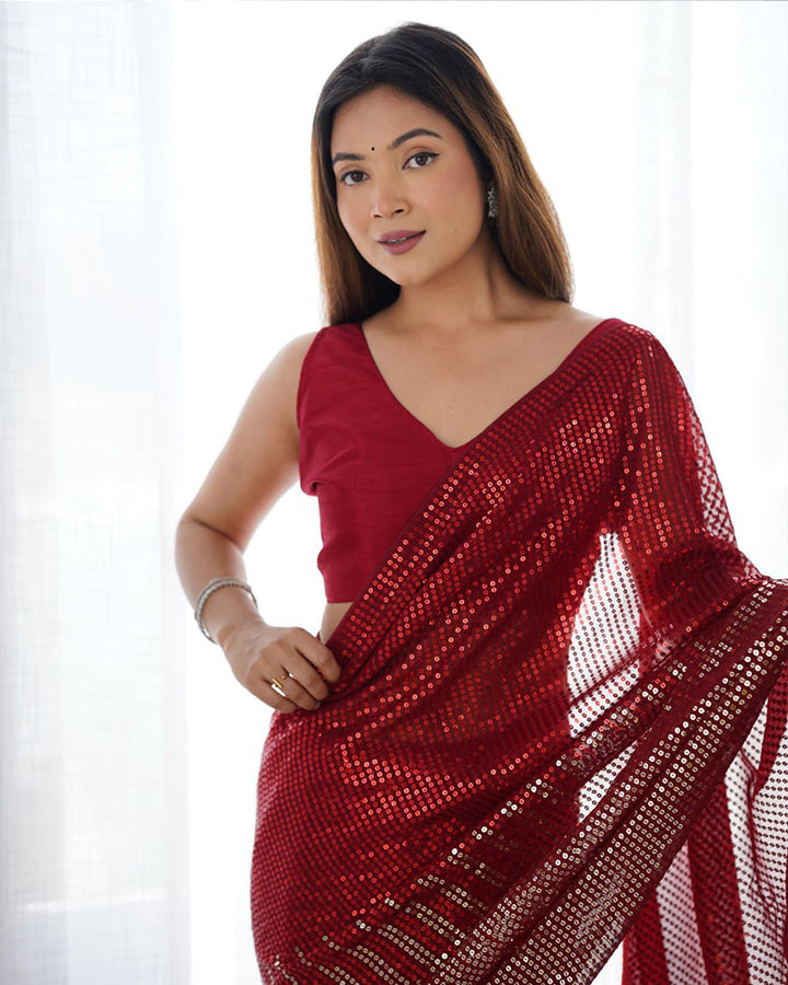 Red Color Heavy Georgette Sequence Embroidered Saree
