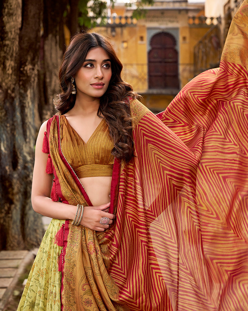 Copper Color Vichitra Silk Printed Lehenga Choli