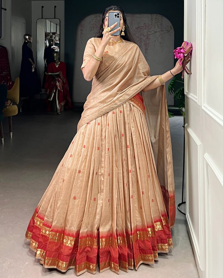 Traditional Cream Color Chanderi Half Saree With Zari Detailing