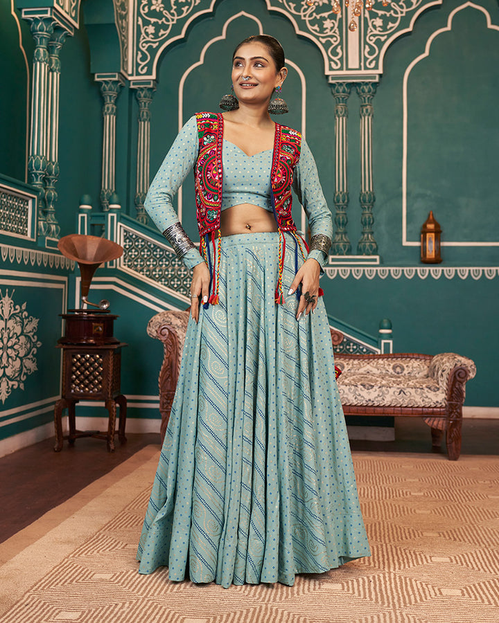 Pista Green Color Rayon Navratri Lehenga Choli