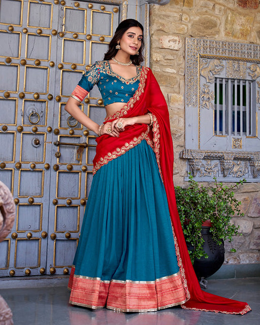 Teal Green Color Vichitra Silk Sequins Half Saree
