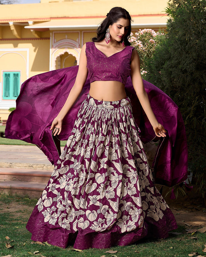 Wine Color Floral And Foil Print Tussar Silk Lehenga Choli
