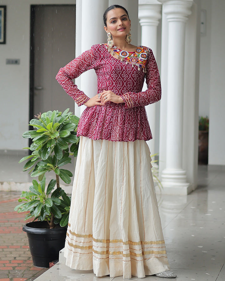Peplum Style Maroon Bandhej Choli With Cotton Lehenga