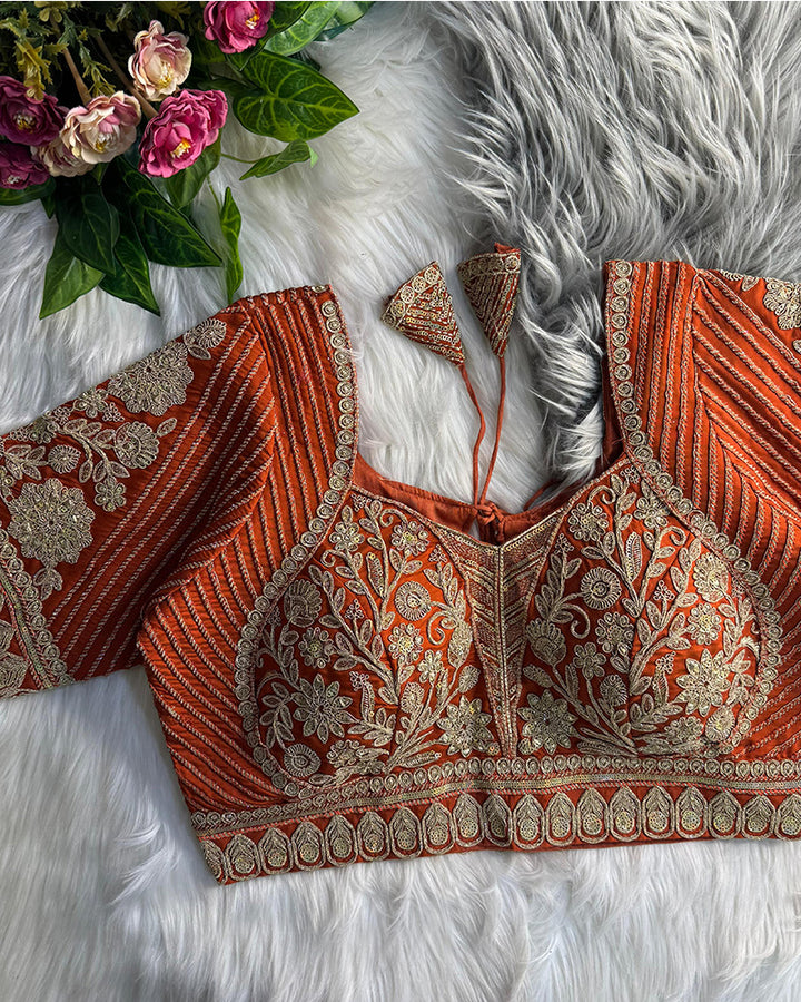 Red Color Italian Silk Embroidered Blouse