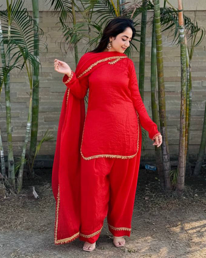 Red Color Fendi Satin Silk Farshi Salwar Suit