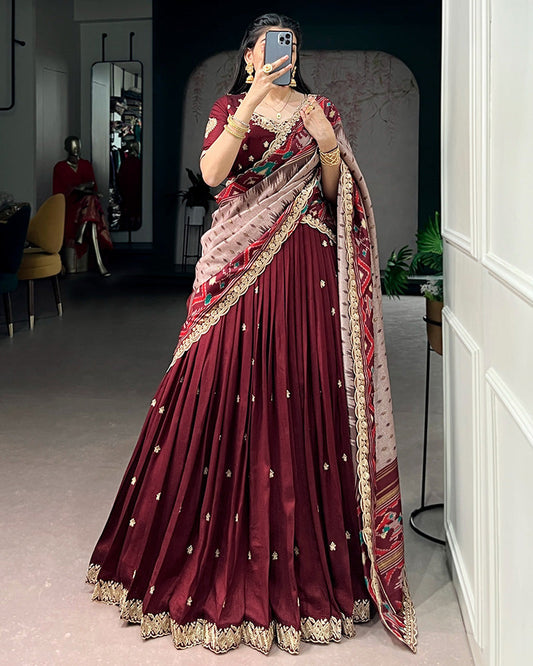 Premium Maroon Embroidered Vichitra Silk Lehenga Choli