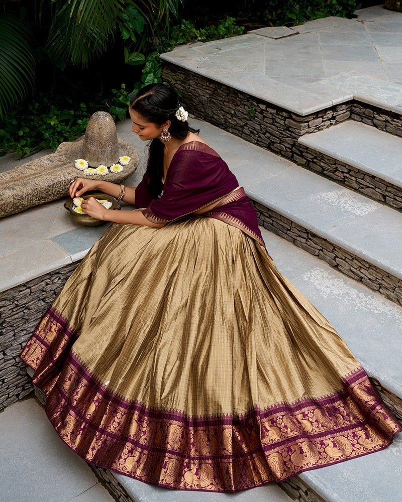 Cultural Chikoo and Maroon Color Poly Cotton Lehenga Chex Half Saree