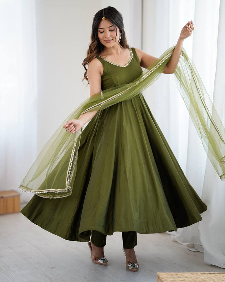 Designer Mehndi Color Roman Chanderi Silk Anarkali Suit