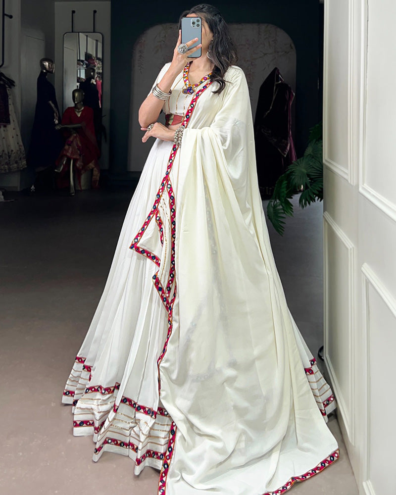 Vibrant White Color Rayon Gamthi Work Navratri Lehenga Choli