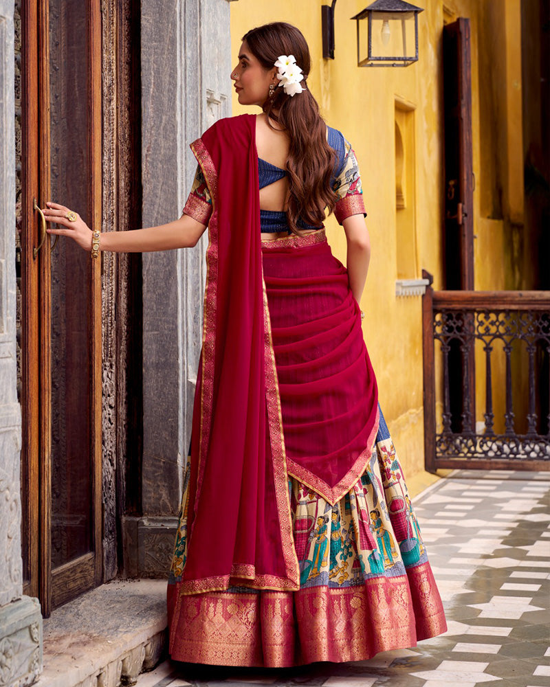 Navy Blue Color Poly Chanderi Kalamkari Printed Lehenga Choli