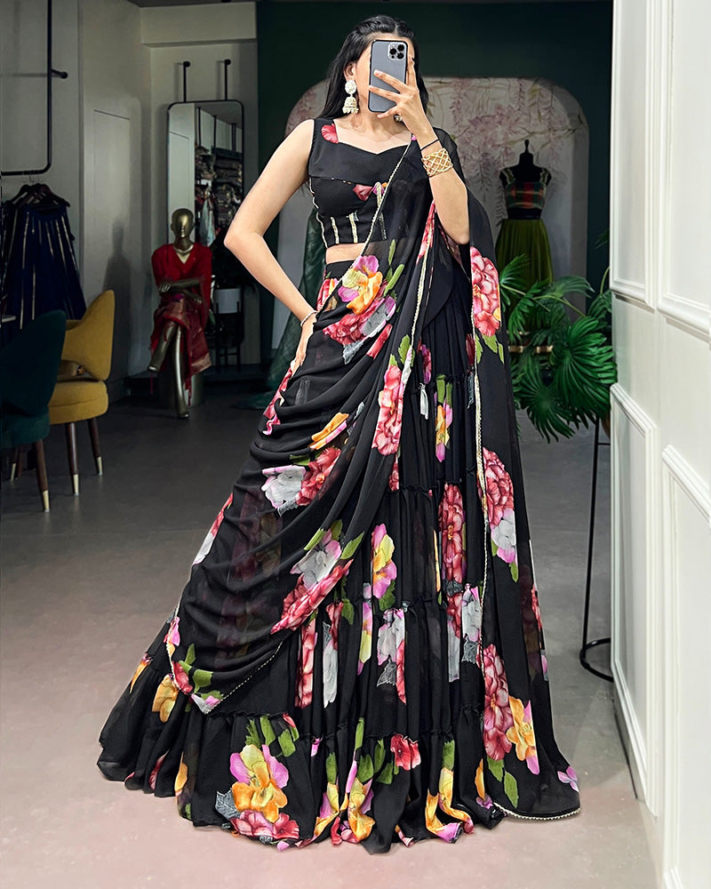 Black Color Lightweight Chiffon Printed Lehenga Choli