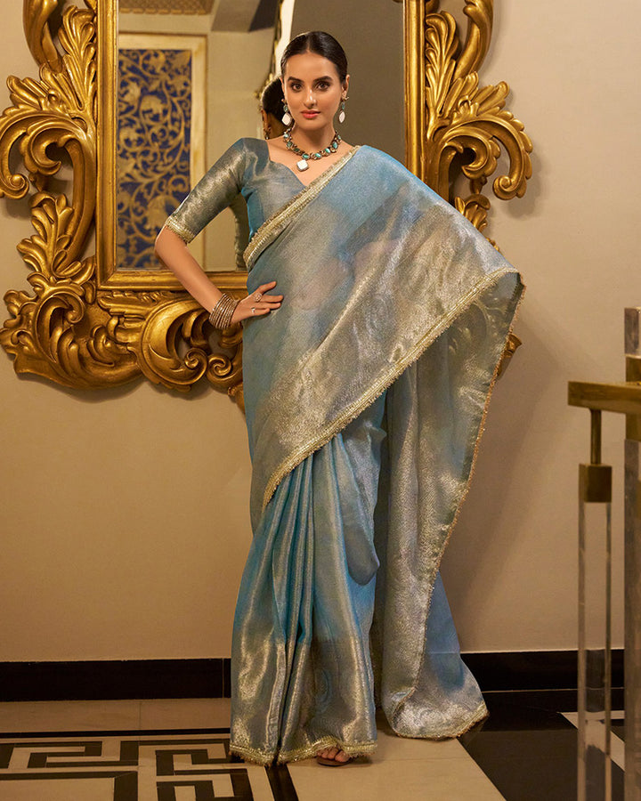Designer Sky Blue Color Weightless Tissue Shimmer Saree