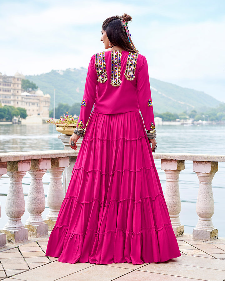 Pink Color Pure Rayon Ruffle Style Navratri Lehenga Choli