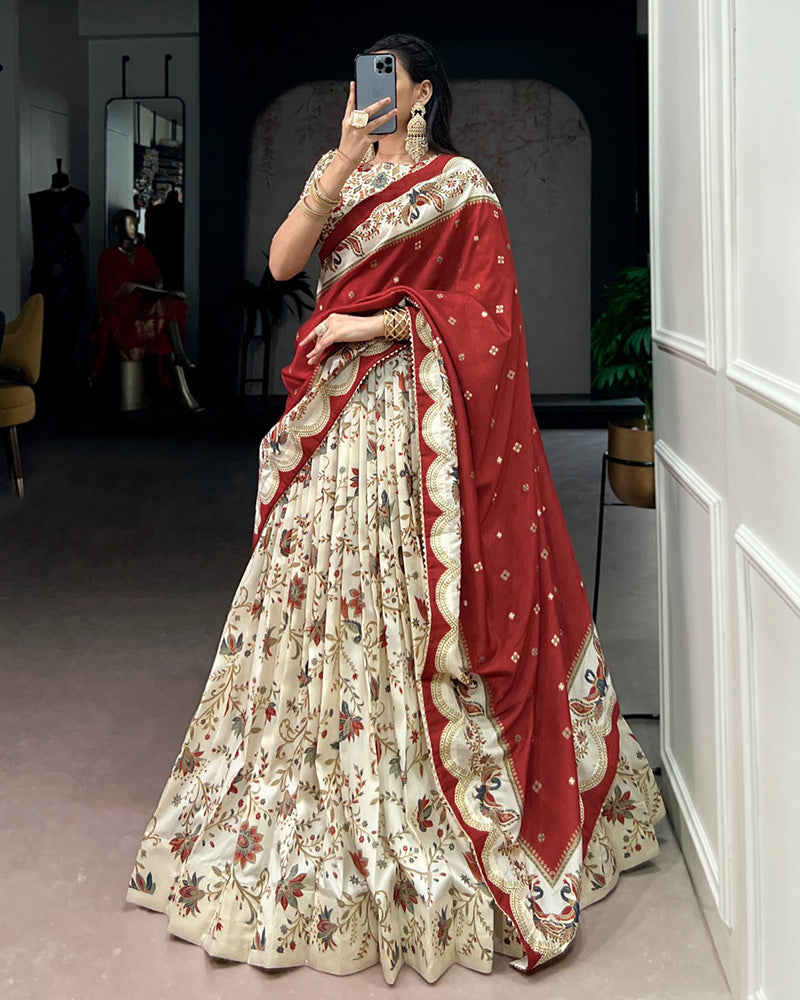 Off-White Color Tasar Silk Foil Printed Lehenga Choli