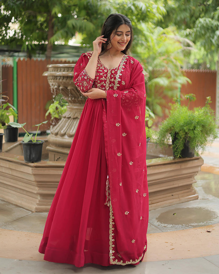 Designer Rani Pink Color Anarkali Gown With Embroidery Dupatta