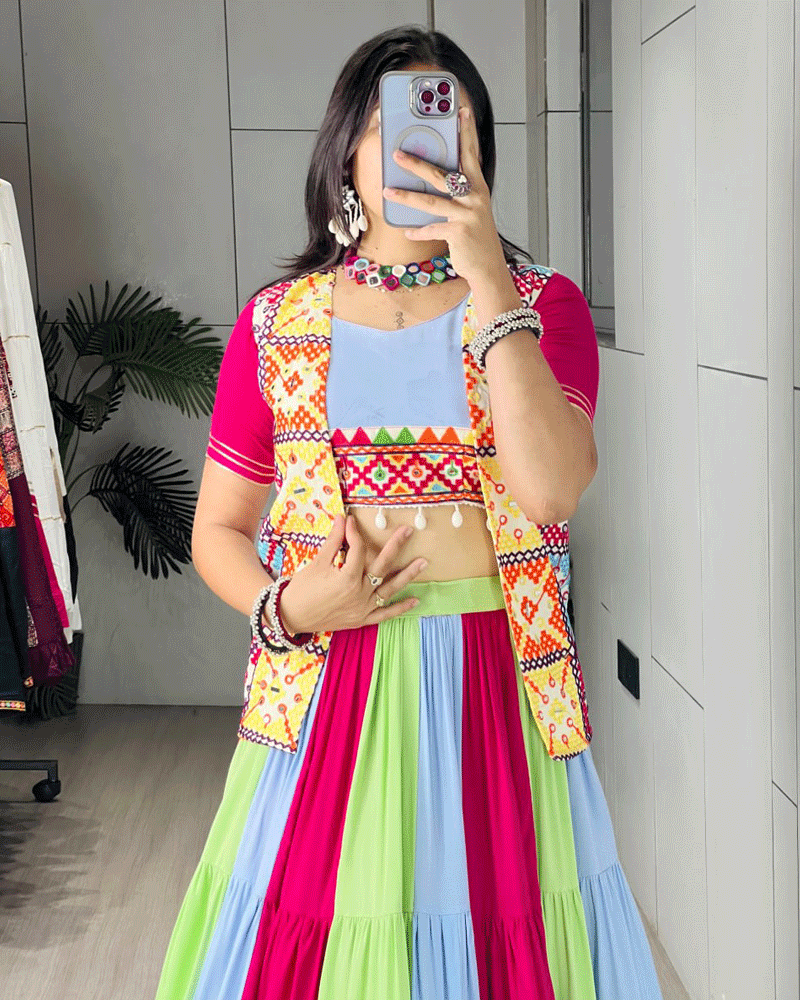 Vibrant Multi Color Kali Frilled Navratri Lehenga Choli