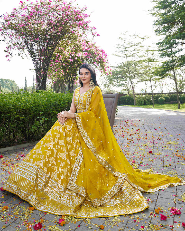 Yellow Color Dola Silk Jacquard Lehenga Choli