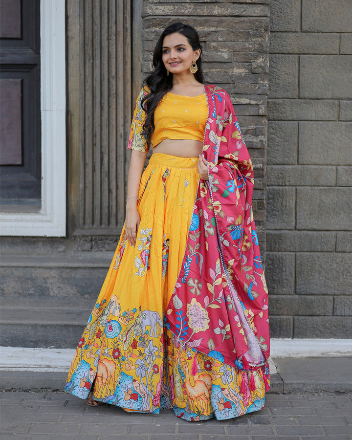 Yellow And Pink Color Designer Printed Lehenga Choli