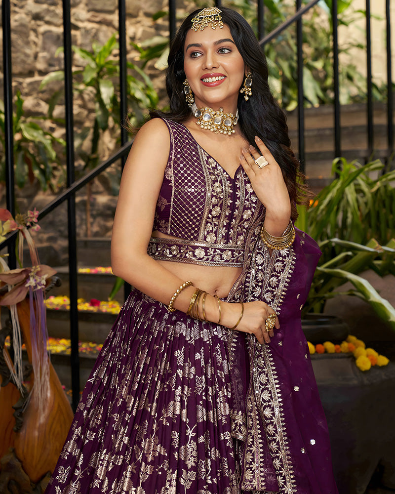 Wine Color Dola Silk Jacquard Lehenga Choli