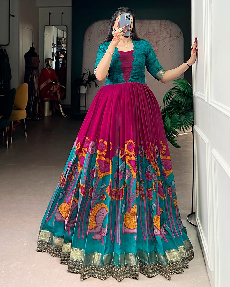 Pink Color Viscose Chanderi Floral Printed Gown