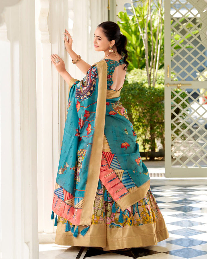 Yellow Color Dola Silk Designer Kalamkari Print Half Saree