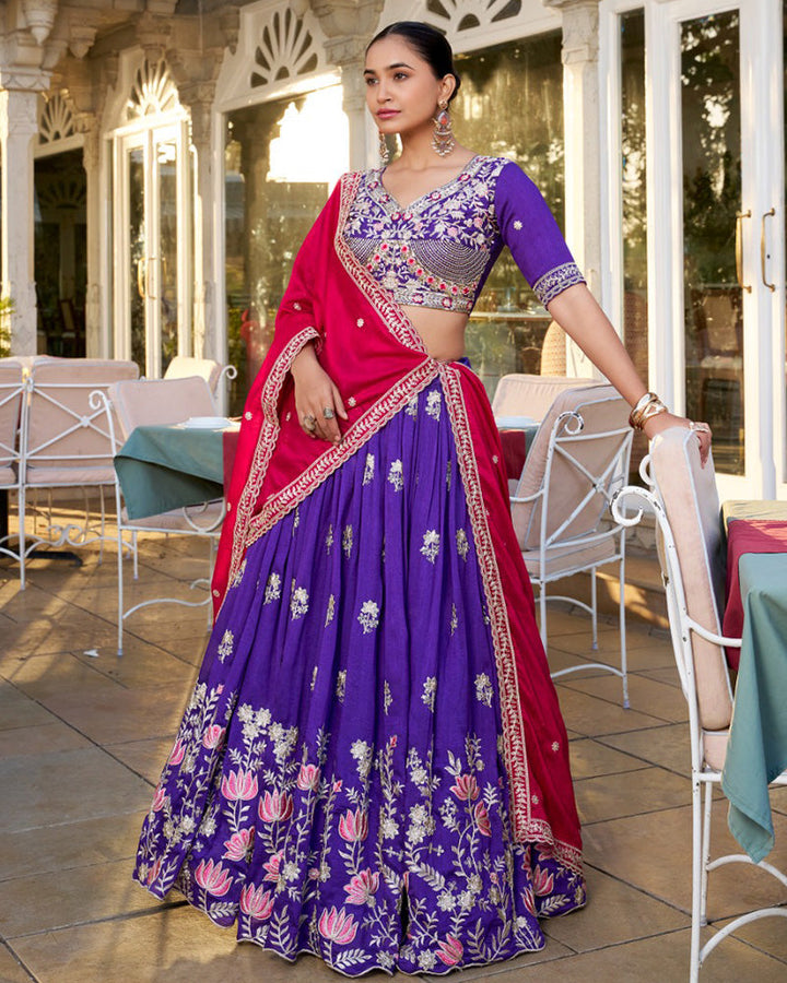 Purple Color Vichitra Silk Thread Embroidered Lehenga Choli