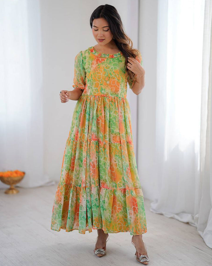 Lime Green Color Georgette Digital Printed Tunic