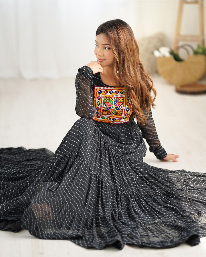 Navratri Special Black Color Georgette Gamthi Work Gown