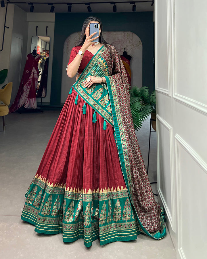 Red Color Tussar Silk Foil Print Designer Semi Stitched Lehenga Choli
