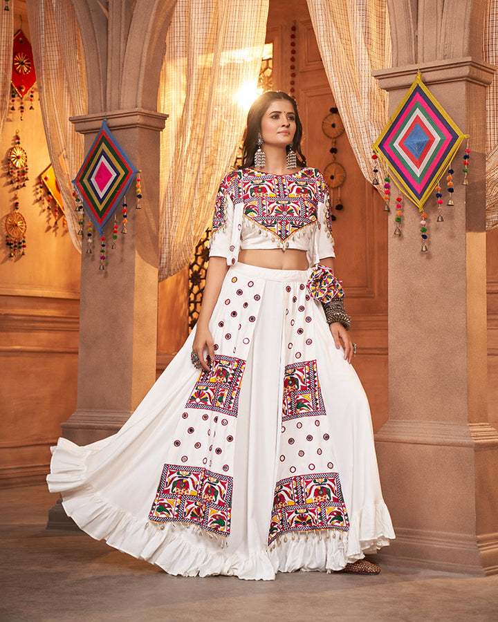 White Color Viscose Rayon Frill And Real Mirror Work Navratri Lehenga Choli