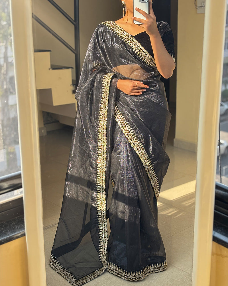 Black Color Soft Twil Net Embroidered Saree