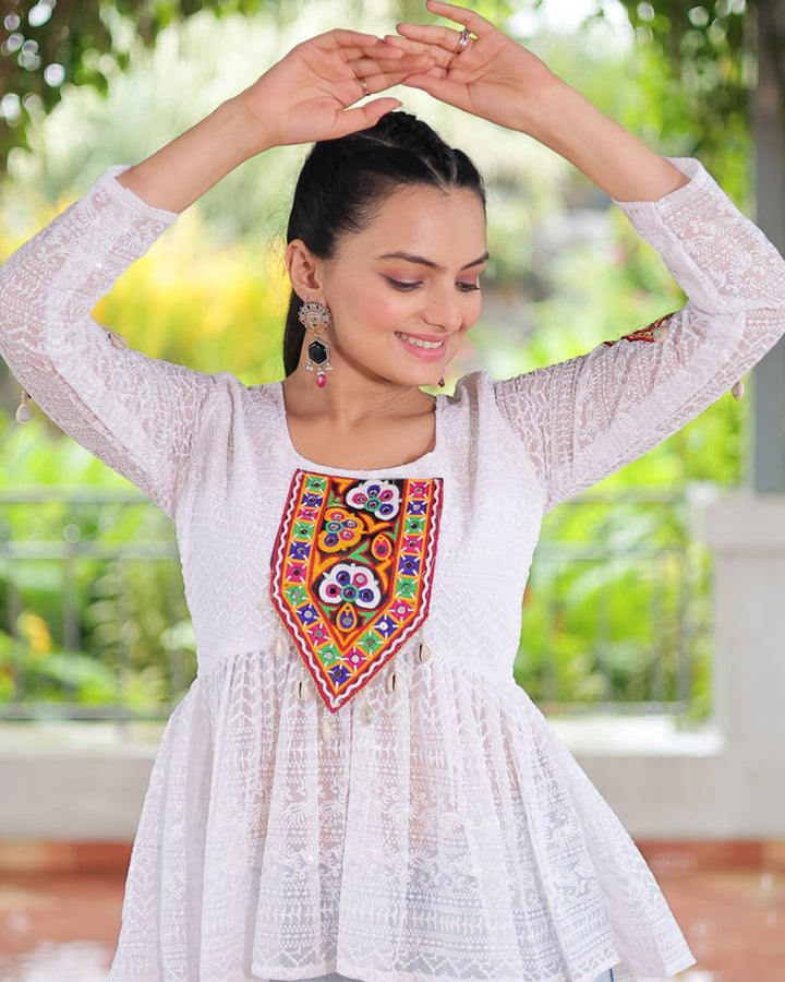 White Color Georgette Lucknowi Work Navratri Kediya